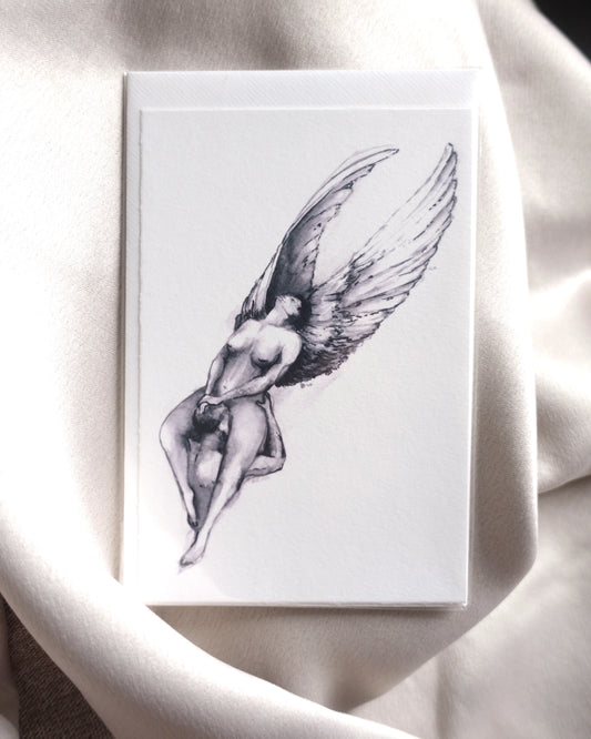 Erotic nude art greeting card "Silver Wings" by Tobias Kruppa, featuring a sensual scene of angels having oral sex / cunnilingus