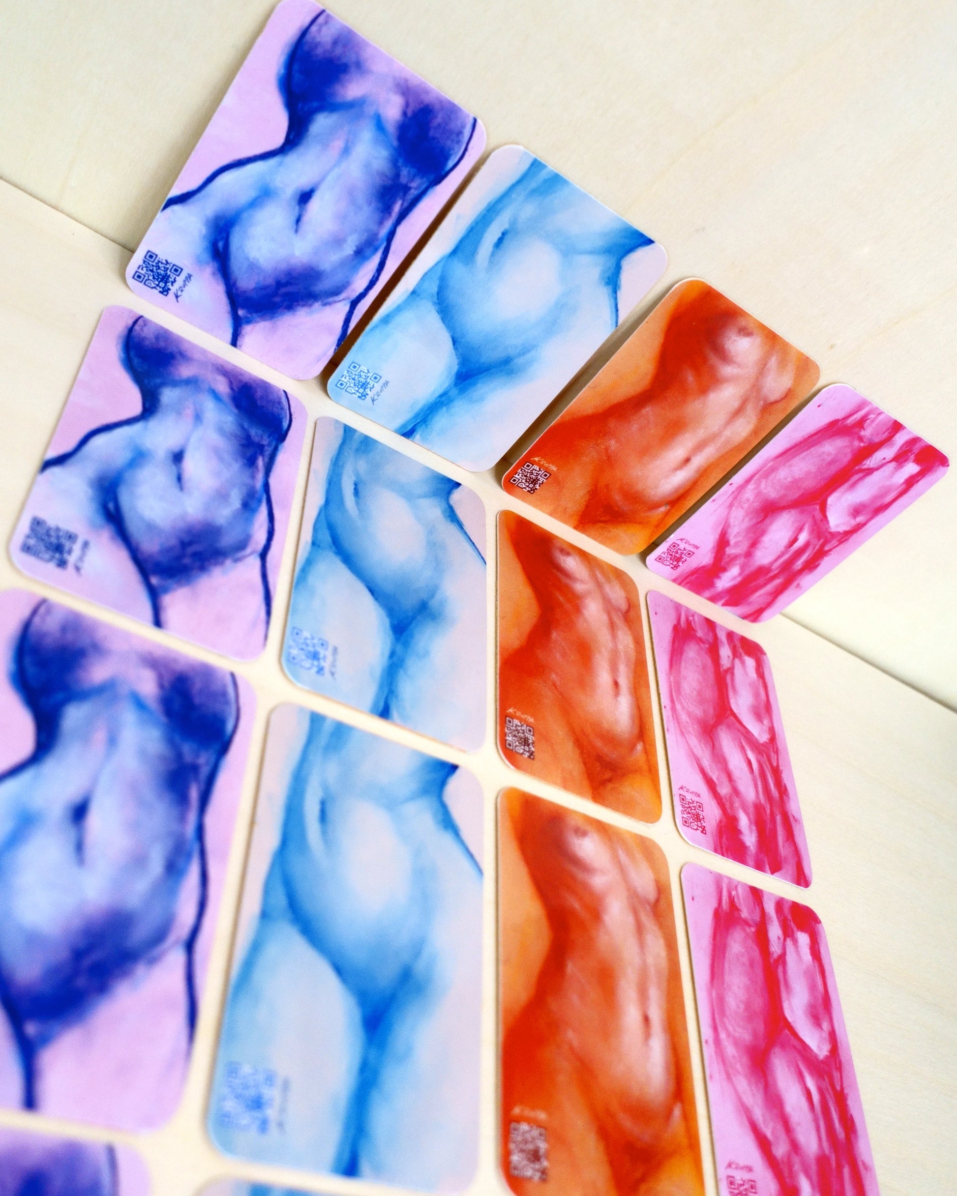 Four glossy, handmade stickers featuring the middle part of a female torso in dynamic poses, each with a belly button centered in the composition. The stickers come in blue/violet, orange, blue, and red, rendered in soft pastels and ink. Sized around 4.8 cm x 7.2 cm, they are waterproof and suitable for decorating flat surfaces such as laptops and water bottles