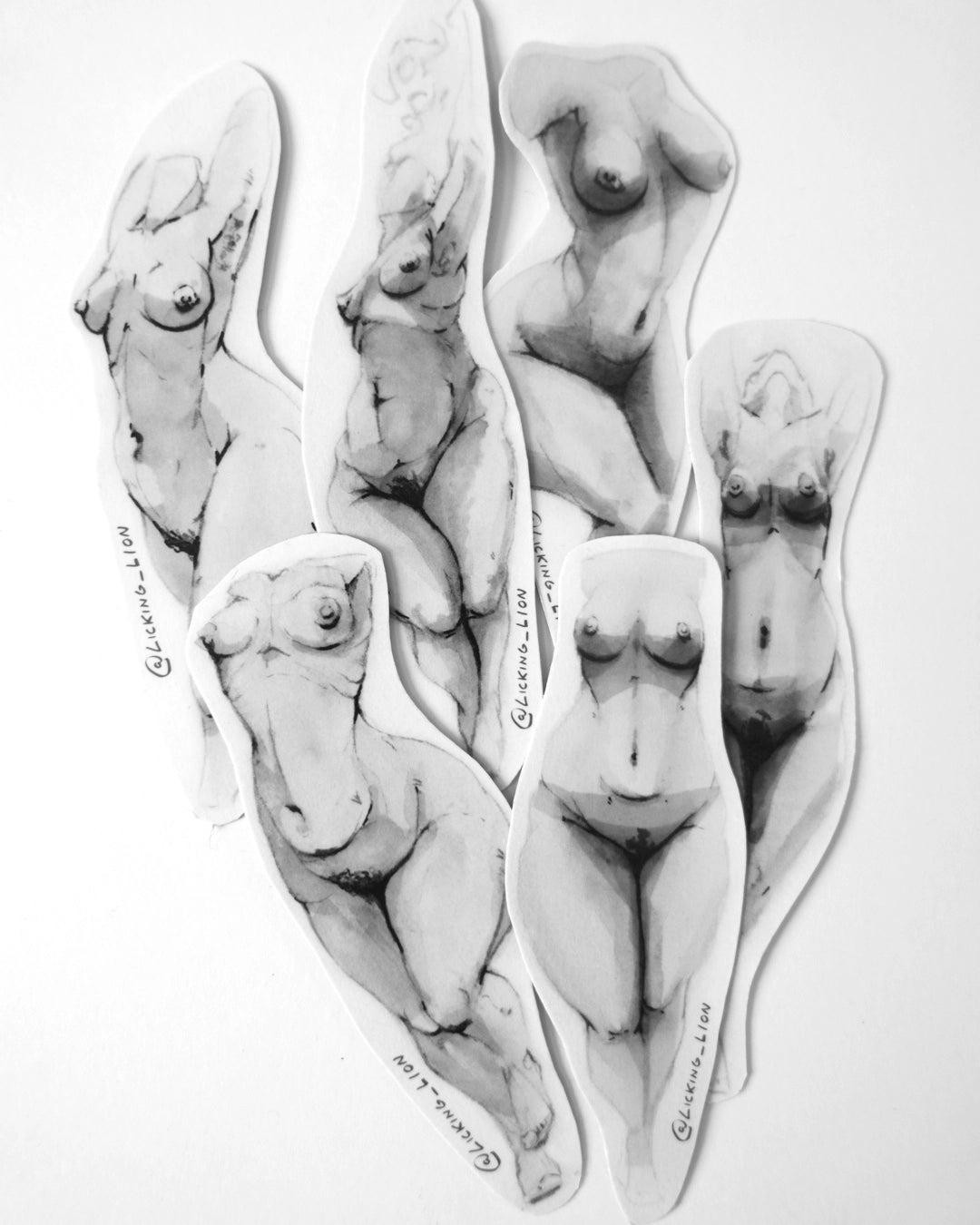 Handmade nude art stickers by Tobias Kruppa - Water Nymphs Series - Female Empowerment Sticker, Sensual Nude Art, Erotic Art, black and white ink brush pen art