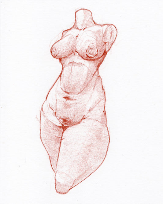 Sanguine pencil drawing by Tobias Kruppa. Sensual nude figure drawing of a female body, wall decor, romantic present, original artwork