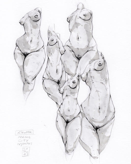 Nude Artwork "Magic City Nymphs" by Tobias Kruppa, sensual erotic art, female nude art, ink brush pen art