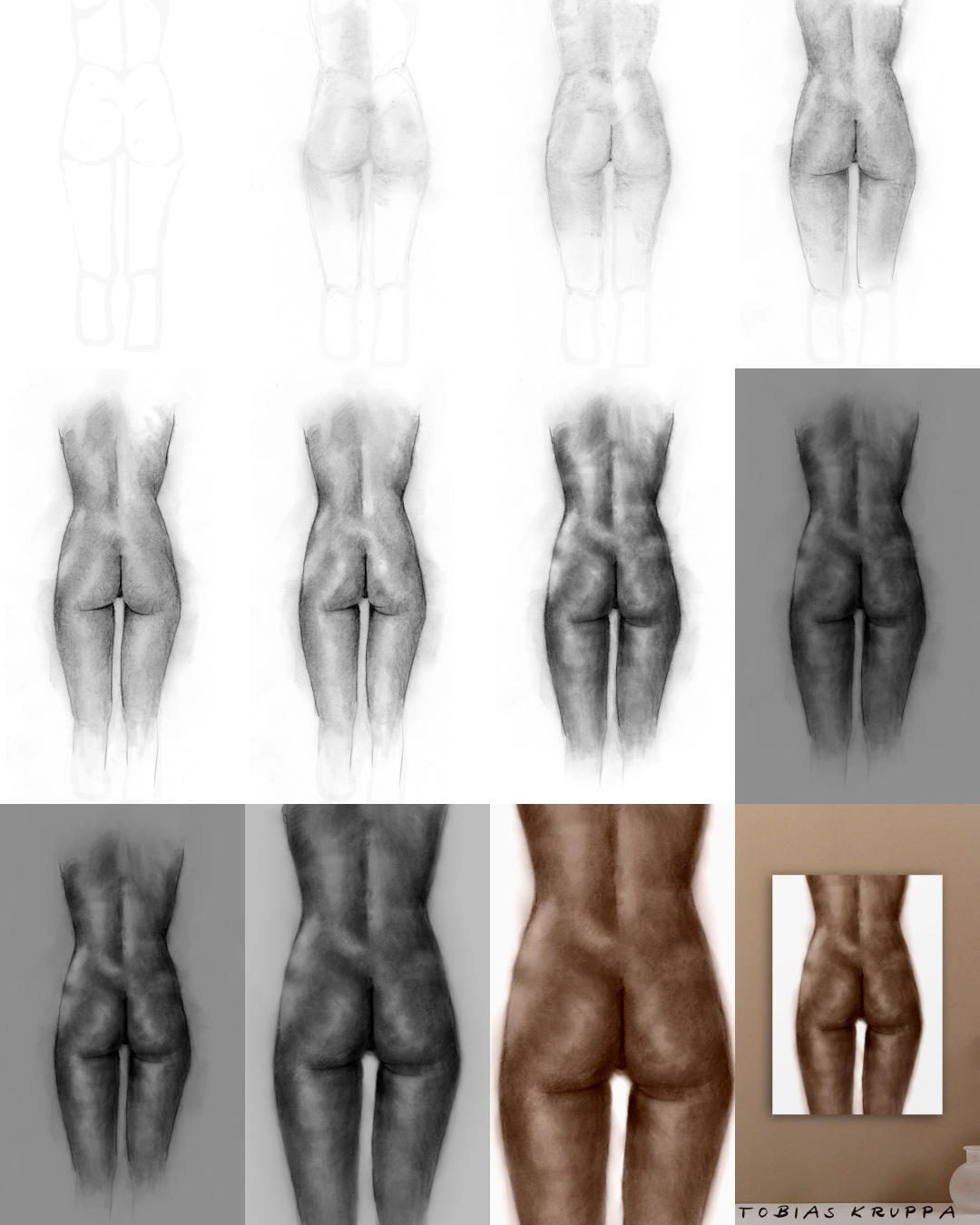 Artistic renderings of female bottoms in various shapes and sizes, depicted in fine art prints for elegant home decor
